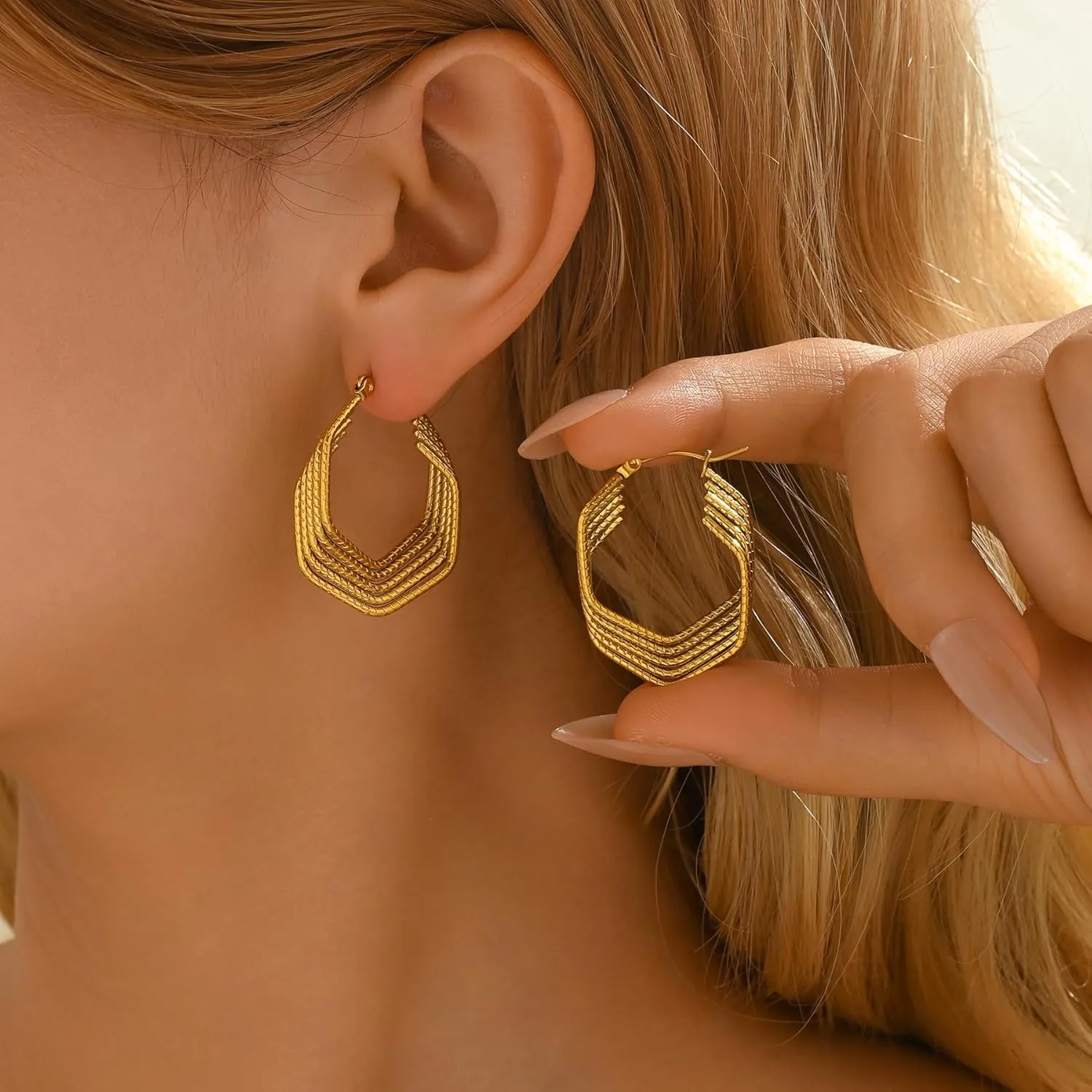 18K Gold Plated Chunky Geometric Irregular Hoop Earrings for Women Stainless Steel Vintage Twist Hoop Earrings Hypoallergenic Statement Dangle Earrings Jewelry