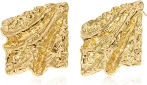 18k Gold Plated Geometric Stud Earrings Chunky Statement Rectangle Earrings Gold Nugget Earrings Trendy Hammered Abstract Earrings Metal Punk Square Earrings For Women Trendy