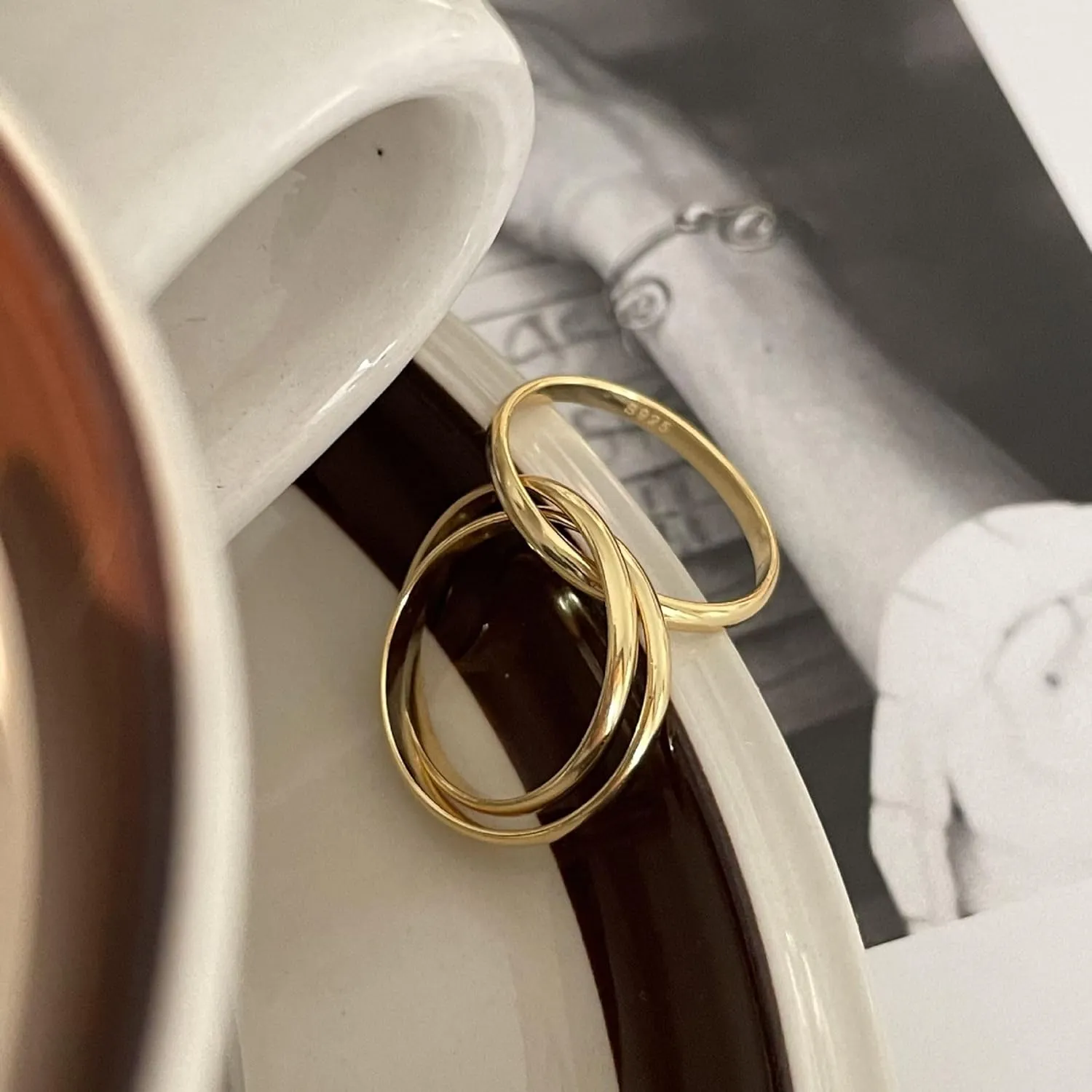 18K Gold Plated Interlocking Fidget Anxiety Ring 925 Sterling Silver Stackble Rings for Women Spinner Ring Minimalist Trendy Triple Knuckle Rings Jewelry Birthday Graduation Gifts