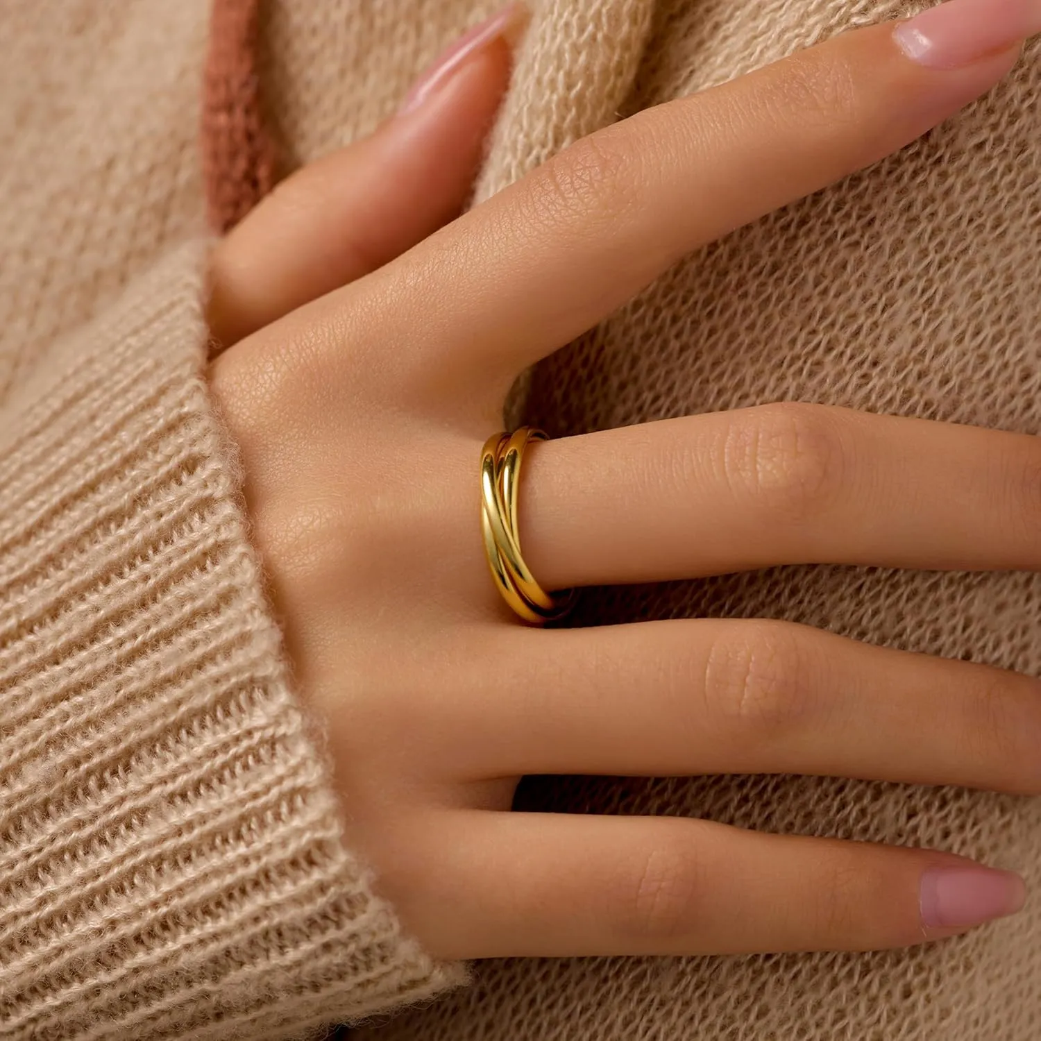 18K Gold Plated Interlocking Fidget Anxiety Ring 925 Sterling Silver Stackble Rings for Women Spinner Ring Minimalist Trendy Triple Knuckle Rings Jewelry Birthday Graduation Gifts