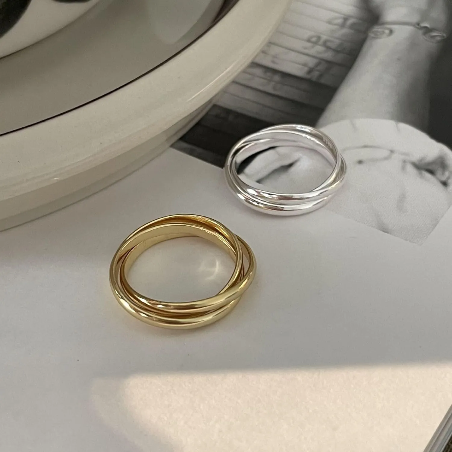 18K Gold Plated Interlocking Fidget Anxiety Ring 925 Sterling Silver Stackble Rings for Women Spinner Ring Minimalist Trendy Triple Knuckle Rings Jewelry Birthday Graduation Gifts