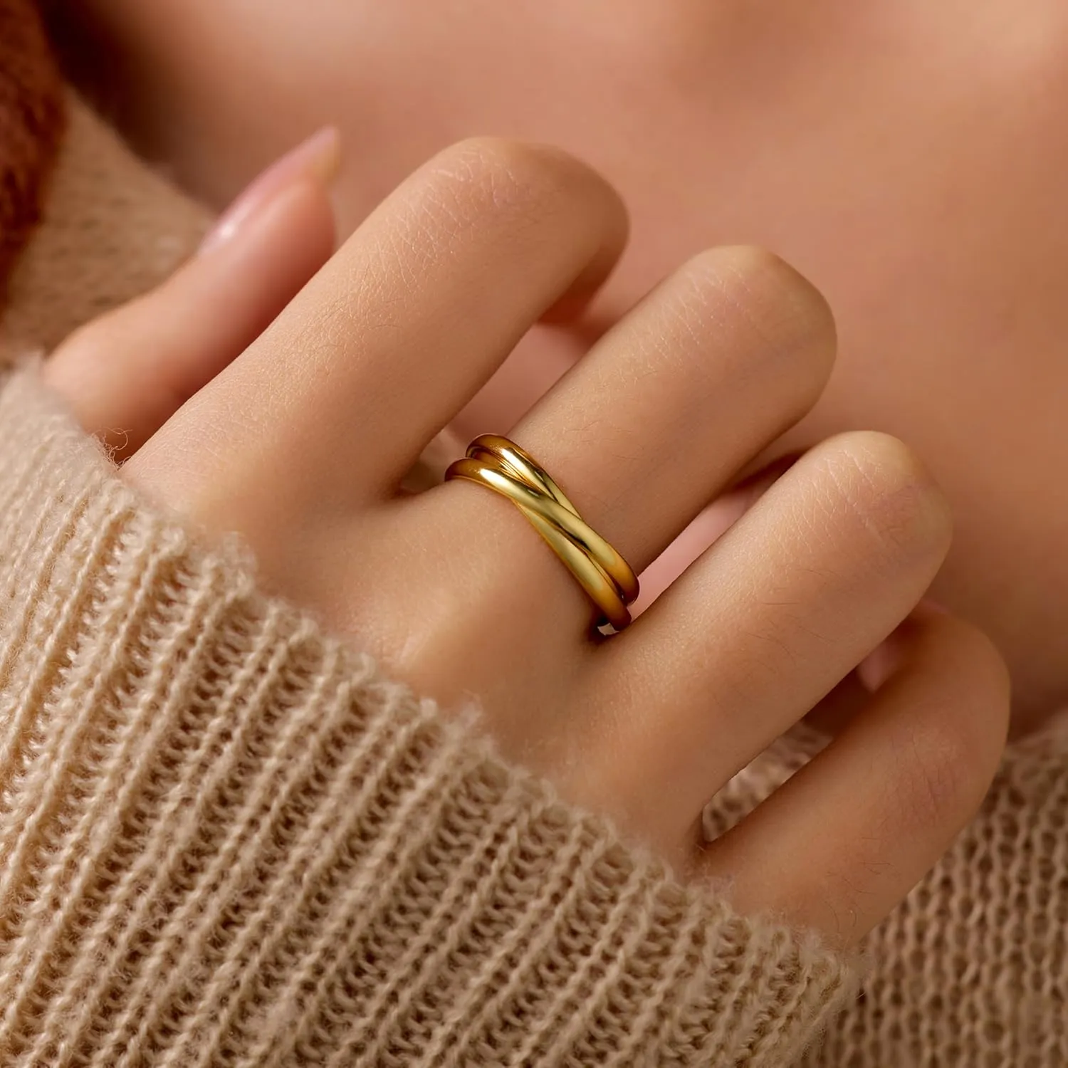 18K Gold Plated Interlocking Fidget Anxiety Ring 925 Sterling Silver Stackble Rings for Women Spinner Ring Minimalist Trendy Triple Knuckle Rings Jewelry Birthday Graduation Gifts