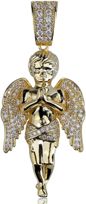 18K Gold Plated Necklaces for Women Men ICED OUT Zircon Prayer Hand Angel Pendant Necklace with Stainless Steel Rope Chain