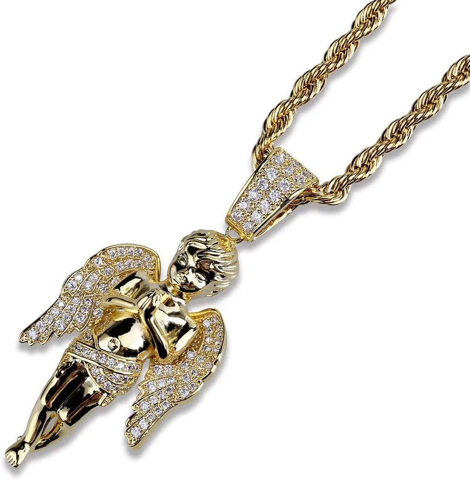 18K Gold Plated Necklaces for Women Men ICED OUT Zircon Prayer Hand Angel Pendant Necklace with Stainless Steel Rope Chain