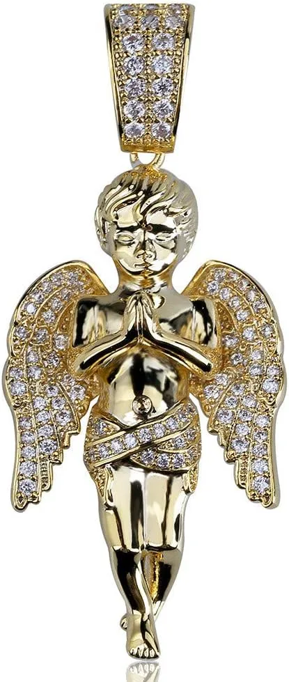 18K Gold Plated Necklaces for Women Men ICED OUT Zircon Prayer Hand Angel Pendant Necklace with Stainless Steel Rope Chain