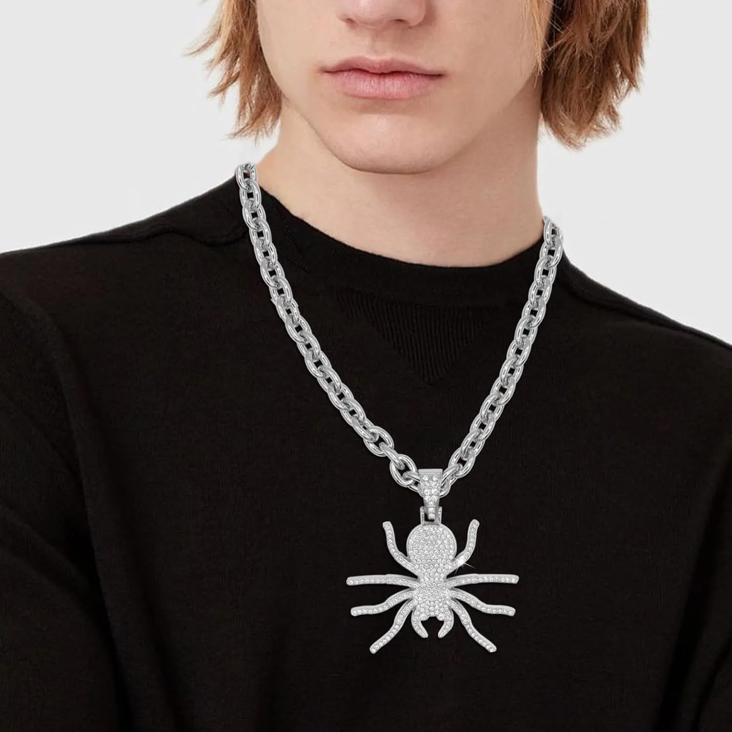 18K Gold Silver Ocean Animal Rhinestone Pendant Necklace for Men Hip Hop Rock Punk Octopus Fish Crystal Neckalces Cool Hippie Necklaces Jewelry for Men