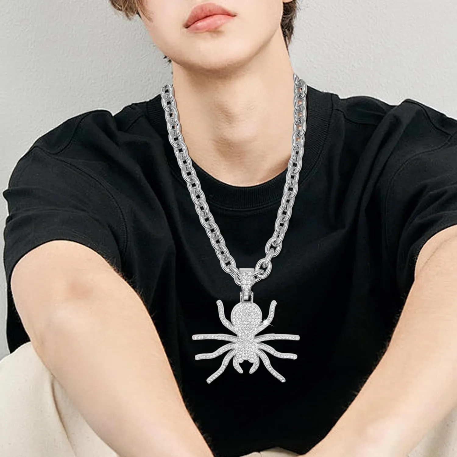 18K Gold Silver Ocean Animal Rhinestone Pendant Necklace for Men Hip Hop Rock Punk Octopus Fish Crystal Neckalces Cool Hippie Necklaces Jewelry for Men