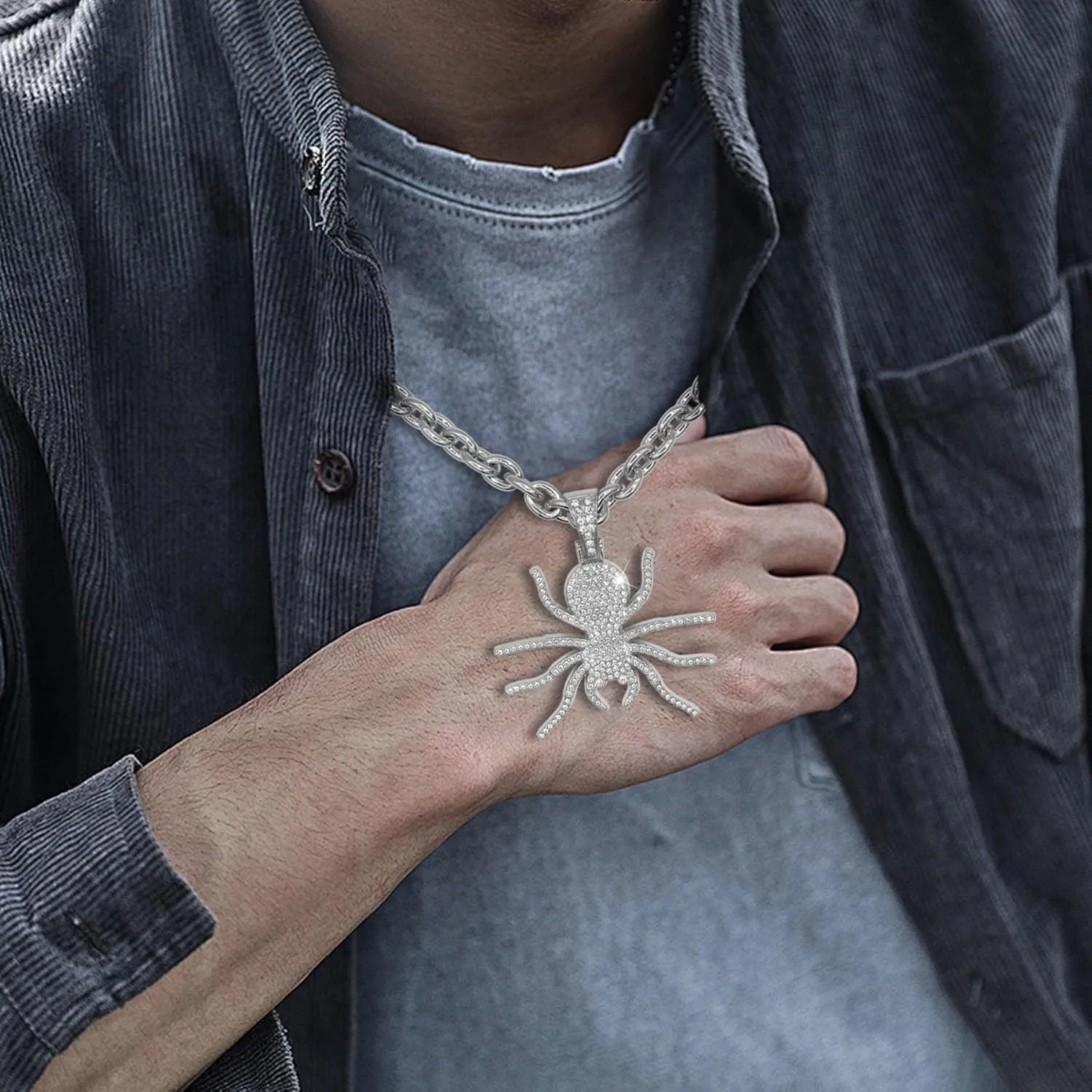 18K Gold Silver Ocean Animal Rhinestone Pendant Necklace for Men Hip Hop Rock Punk Octopus Fish Crystal Neckalces Cool Hippie Necklaces Jewelry for Men