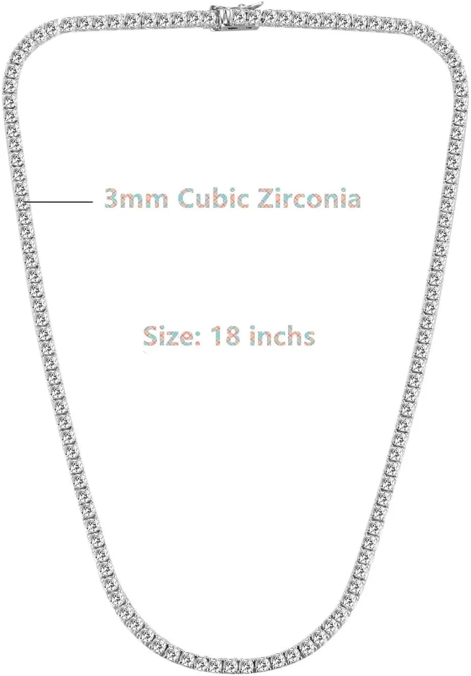 18K White Gold Plated 3mm Round CZ Classic Tennis Necklaces for Women Men Diamond Chain Sizes 16-20 Inches 4 Prong