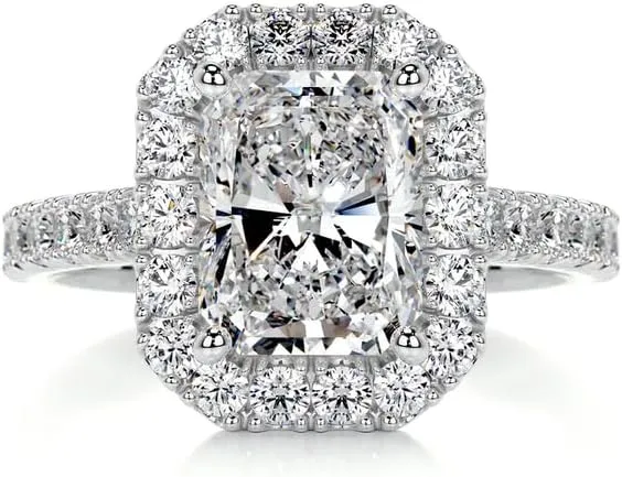 2 Carat (ctw) Radiant Halo Moissanite Engagement Rings for women Platinum Plated Silver Ring Moissanite Rings