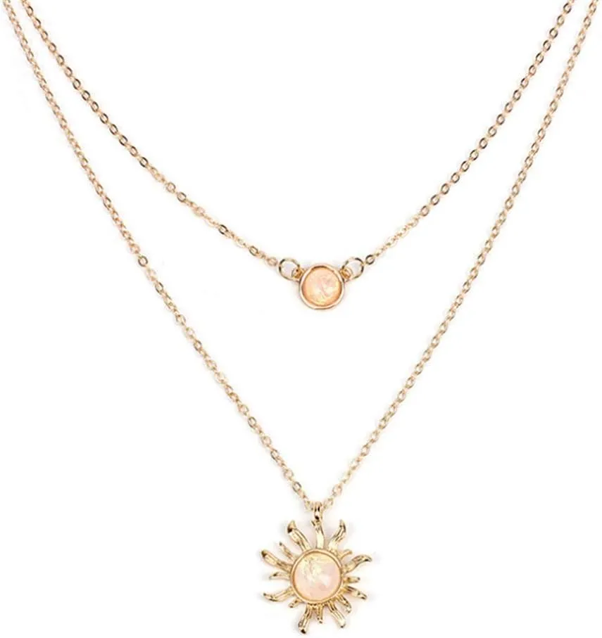 2 Layered Choker Necklace Moon and Sun Sunflower Opal Pendant White Fire CZ Fashion Bolo Style Double Chains Necklace Gift Charm Elegant Jewelry for Women-Gold