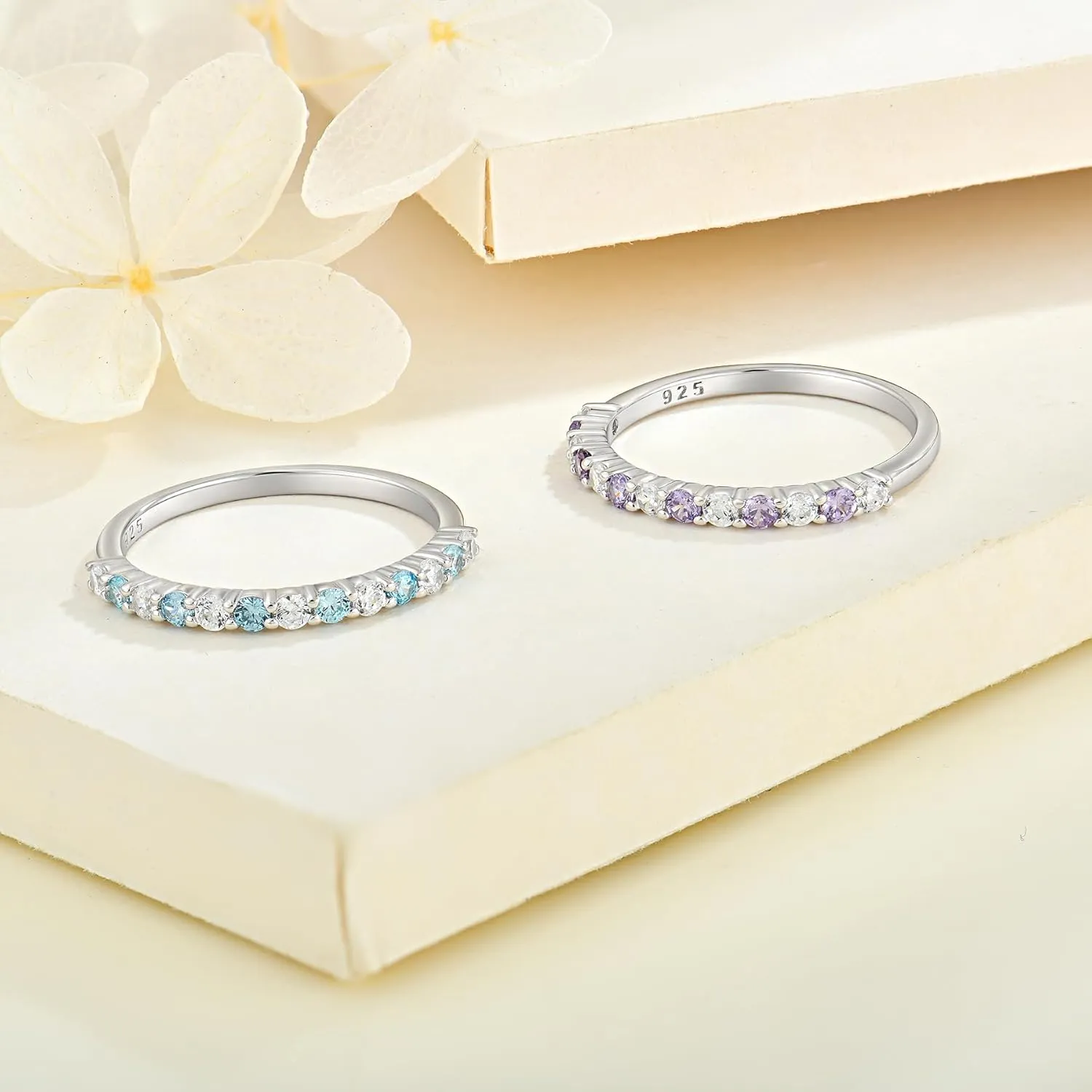 2 mm Half Eternity Ring 925 Sterling Silver Stackable Rings Wedding Anniversary Birthstone Band Ring for Women Size 5-10