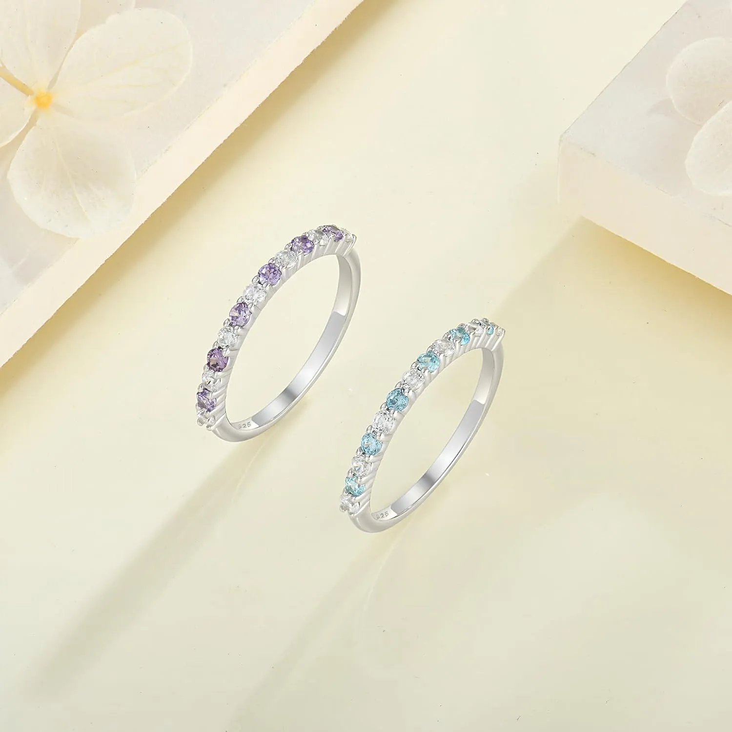 2 mm Half Eternity Ring 925 Sterling Silver Stackable Rings Wedding Anniversary Birthstone Band Ring for Women Size 5-10
