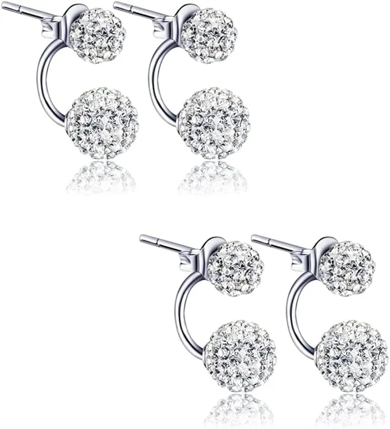 2 Pair of Silver Double Beaded Rhinestone Crystal Ball Stud Earrings Sparkling Jewellery for Women