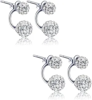 2 Pair of Silver Double Beaded Rhinestone Crystal Ball Stud Earrings Sparkling Jewellery for Women