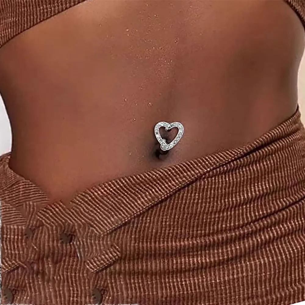 2 Pcs 14G Heart Star Reverse Belly Button Rings for Women Girls Surgical Steel Glitter CZ Halo Curved Navel Barbell Simple Body Piercing Jewelry