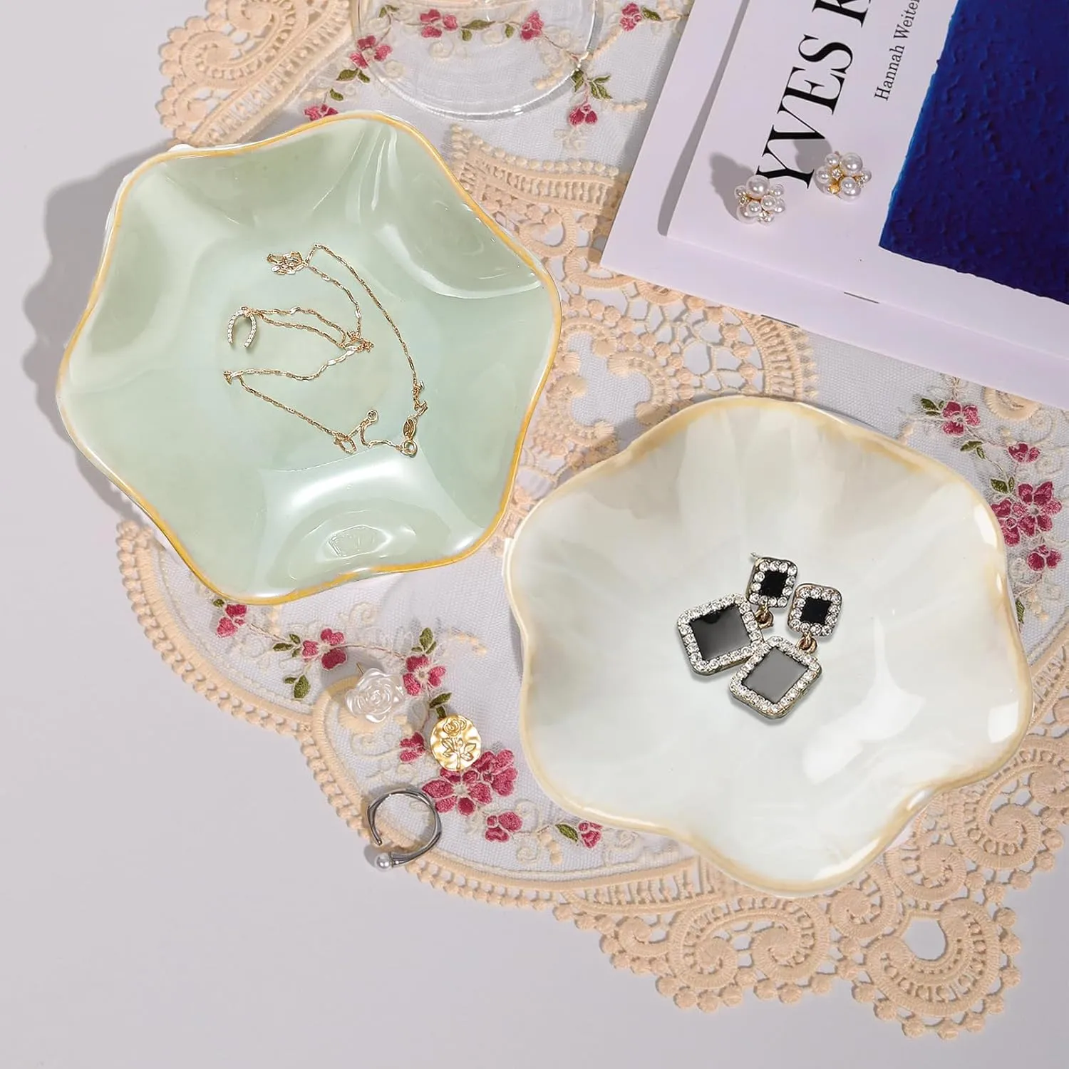 2 Pcs Ceramic jewelry dish, jewelry tray key tray,small ring dish holder Jewelry Plate trinket tray catchall tray nightstand decor for table room decor SM (4.3 In, White,Green)