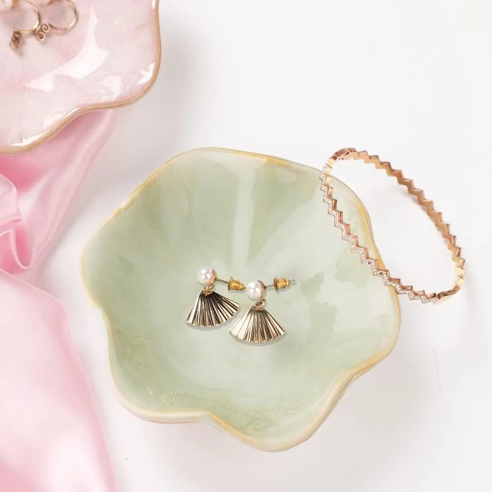 2 Pcs Ceramic jewelry dish, jewelry tray key tray,small ring dish holder Jewelry Plate trinket tray catchall tray nightstand decor for table room decor SM (4.3 In, White,Green)