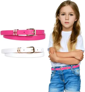 2 PCS Girls Belt, 36.6" Elastic Leather Toddler Belt with Gold U Ring Buckle, Exquisite Comfortable Skinny Strappy Waist Girl Belt(White, Pink
