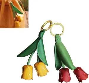 2 Pcs Handmade Genuine Leather Leaf Flower Keychain  Leather Tulip Flower Keyring Pendant Charm Accessories For Women's Wallets, Bags, and Car Key