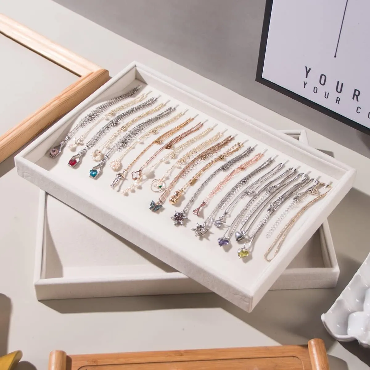 2 Pcs Stackable Jewelry Organizer Trays,20 Hooks Necklace Chains Display Storage Trays Holder (Beige)