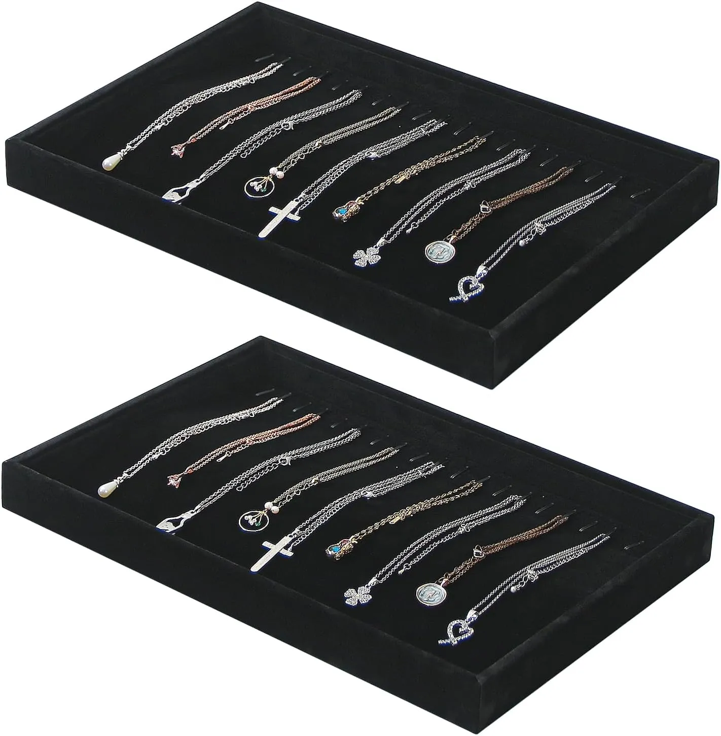2 Pcs Stackable Jewelry Organizer Trays,20 Hooks Necklace Chains Display Storage Trays Holder (Black)