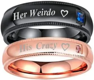 2 PCS Stainless Steel Couple Rings with Engraving His Crazy Her Weirdo Heart Width 6/4MM Round Wedding Engagement Black Rose Gold Women Size 8 & Men Size 10