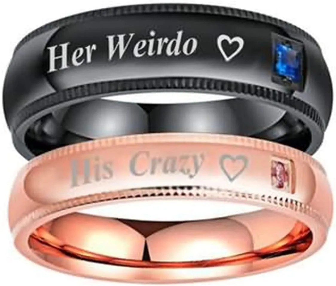 2 PCS Stainless Steel Couple Rings with Engraving His Crazy Her Weirdo Heart Width 6/4MM Round Wedding Engagement Black Rose Gold Women Size 8 & Men Size 10