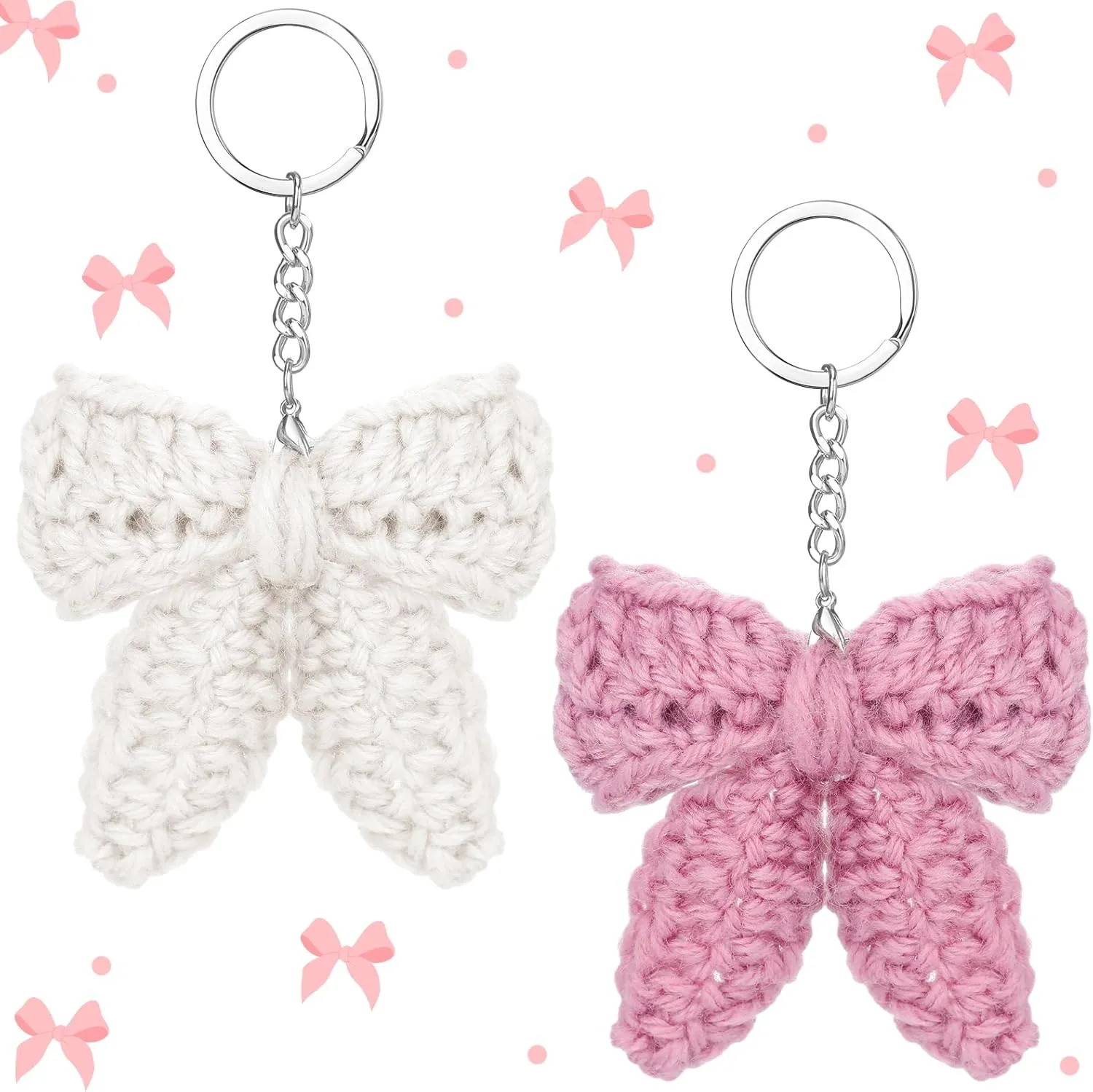 2 Pcs Teacher Appreciation Gift Cute Crochet Bow Keychain for Women Coquette Aesthetic Bag Charms Pink Bow Crochet Plush Chains Mother's Day Accessories