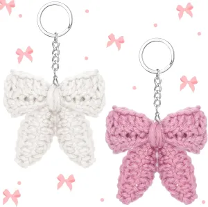 2 Pcs Teacher Appreciation Gift Cute Crochet Bow Keychain for Women Coquette Aesthetic Bag Charms Pink Bow Crochet Plush Chains Mother's Day Accessories