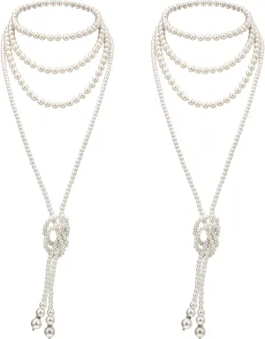 2 Set 1920s Artificial Long Pearls Necklace Flapper Beads Necklaces Faux Pearls Necklace Vintage Jewelry Costume Accessories for Women