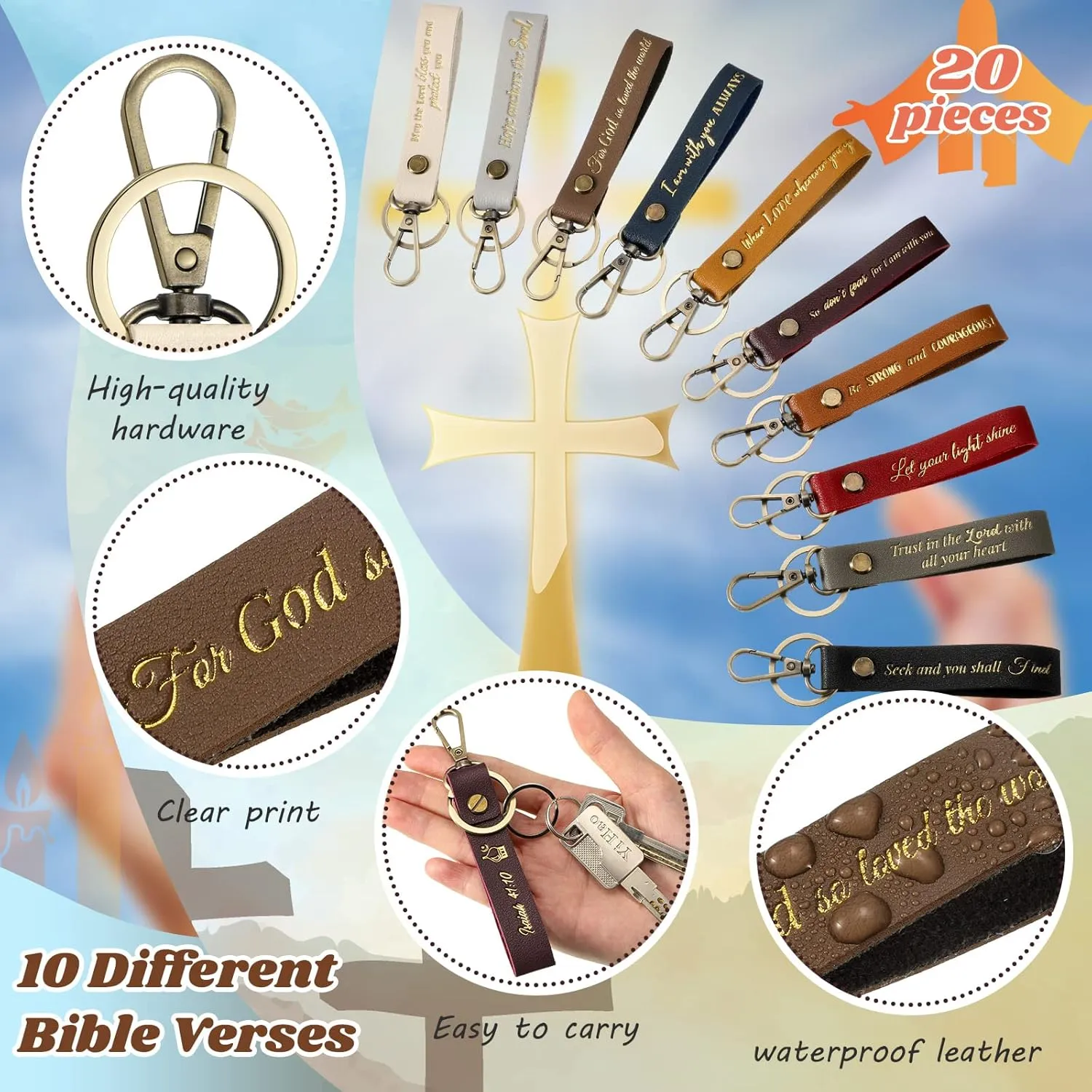 20 Pcs Christian Key Chain Leather Religious Keychain Inspirational Bible Key Chains Verse Quote Keychains Easter Day Gift