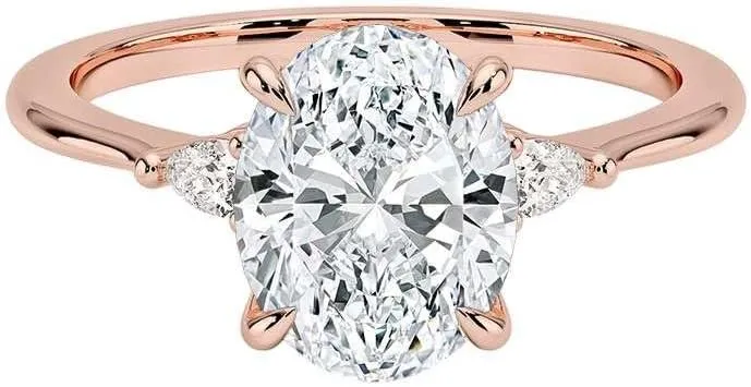 2.00 CT Moissanite Oval Cut Ring  Yellow, White, Rose (Gold) Silver, Platinum Jewelry  Sterling Silver & Vintage-Inspired Ring for Women with Side Pear Cut Stones (10K, 14K, 18K)