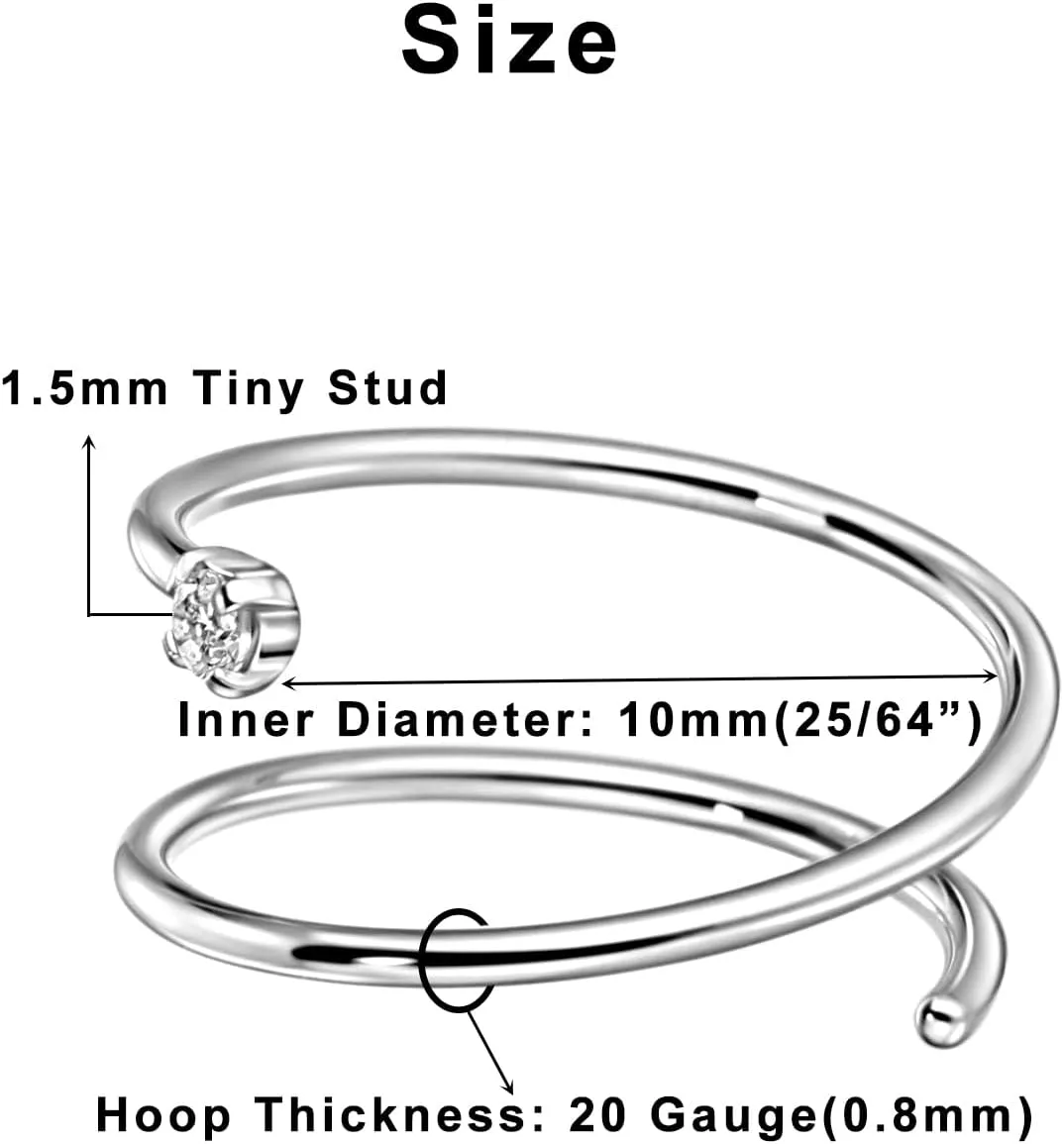 20G 10mm Double Nose Ring Hoop for Single Piercing, Surgical Steel Silver Spiral Twist Nose Hoop for Women Men Birthstone 20 Gauge Nose Piercings Hoops Conch Ear Lobe Earrings Hoop