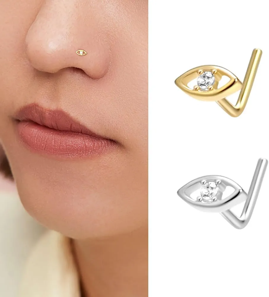 20G CZ Evil Eye L-Shaped Nose Studs Rings for Women S925 Sterling Silver Nose Rings Studs Screws Hypoallergenic Nostril Nose Piercing Jewelry
