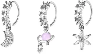 20G CZ Moon Planet Flower Dangle Nose Rings Hoops for Women 316L Surgical Steel Hoop Nose Rings Cartilage Earrings Nose Nostril Piercing Jewelry