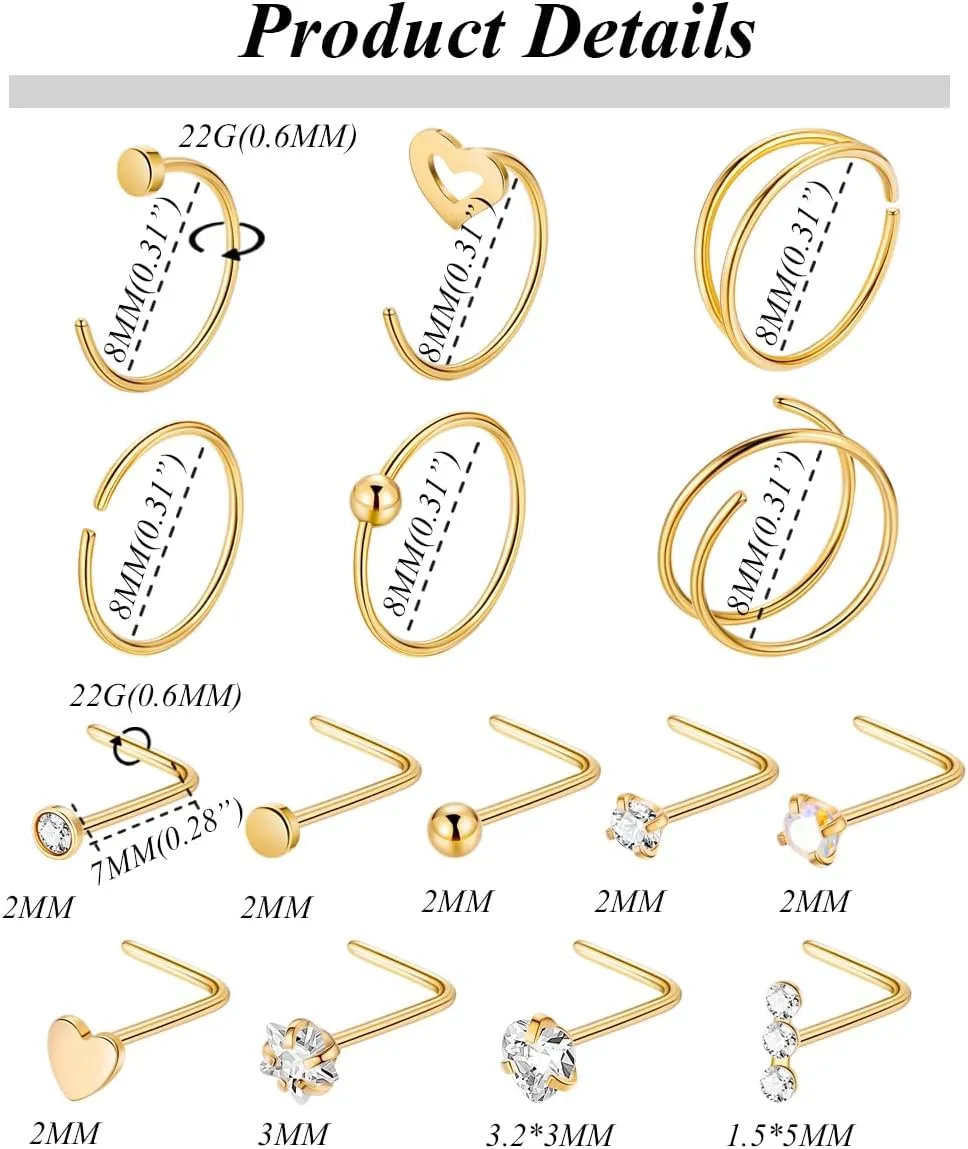 21PCS 22G 316L Stainless Steel Nose Rings Hoops for Women Men CZ L Shaped Nose Studs Open Hoop Nose Rings Nostril Piercing Jewelry