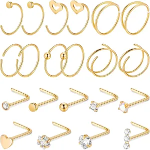 21PCS 22G 316L Stainless Steel Nose Rings Hoops for Women Men CZ L Shaped Nose Studs Open Hoop Nose Rings Nostril Piercing Jewelry