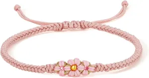 24K Gold Bracelet for Women Flower Charm Bracelets Adjustable Chain Dainty Braided Link Lucky Beads Stackable Rope Bangle Trendy Colorful Cuff Cute Charms Waterproof Layered Floral Bangles Gifts