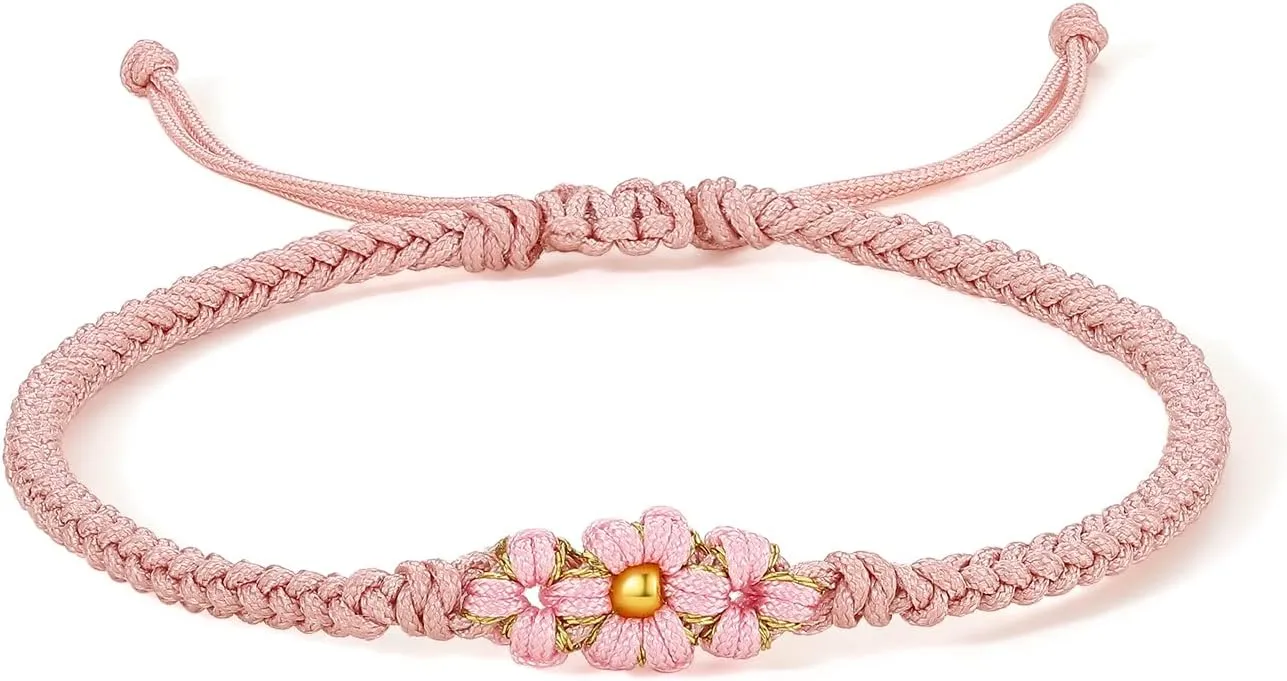 24K Gold Bracelet for Women Flower Charm Bracelets Adjustable Chain Dainty Braided Link Lucky Beads Stackable Rope Bangle Trendy Colorful Cuff Cute Charms Waterproof Layered Floral Bangles Gifts