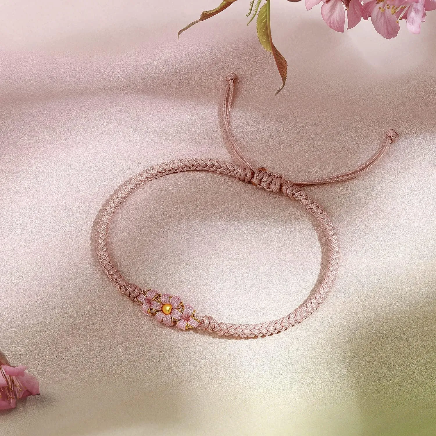 24K Gold Bracelet for Women Flower Charm Bracelets Adjustable Chain Dainty Braided Link Lucky Beads Stackable Rope Bangle Trendy Colorful Cuff Cute Charms Waterproof Layered Floral Bangles Gifts