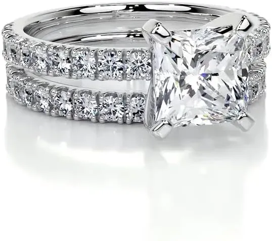 2.5 Carat (ctw) Bridal Set Princess Moissanite Engagement Rings for women Platinum Plated Silver Ring Moissanite Rings