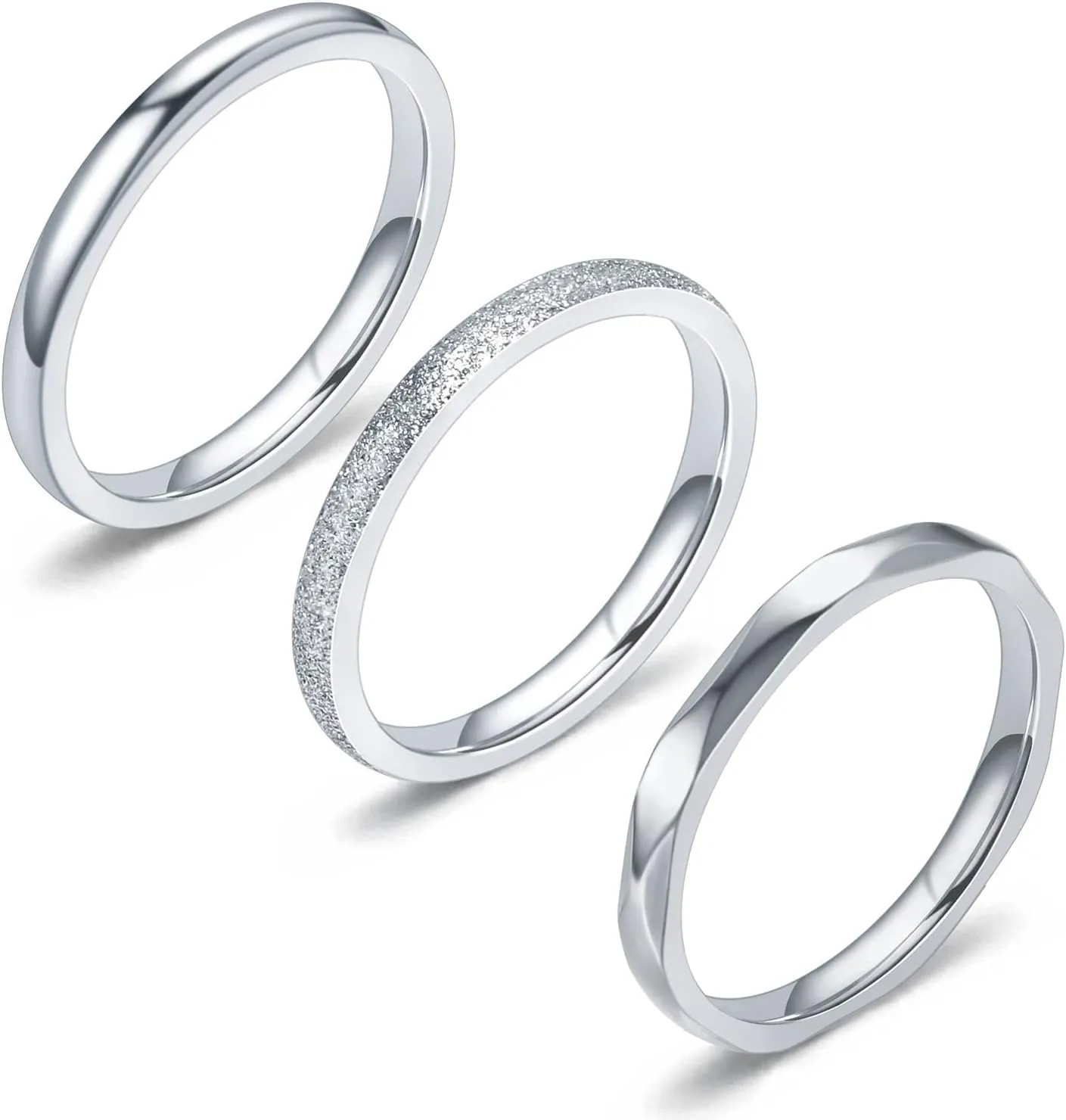 2MM Stainless Steel rings Womens Stackable Eternity Ring Band Engagement Wedding Ring Set Silver/Rose gold Tone 3 PCS