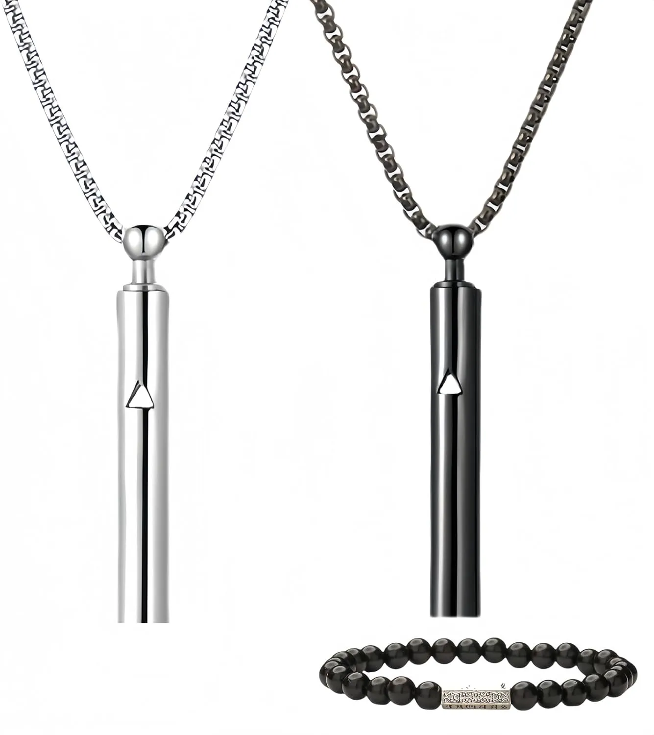 2PCS Breathing Necklace for Anxiety Relief Adjustable Chains Stainless Steel Whistle Jewelry for Mindfulness & Focus(3 Sizes)