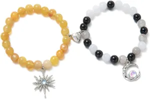 2Pcs Couple Friendship Bracelets Cute Kawaii Butterfly Sun Moon Heart Matching Bracelets Y2k Colorful Butterfly Glass Beaded Elastic Bangles for Women Men Relationship Aesthetic Jewelry Gifts