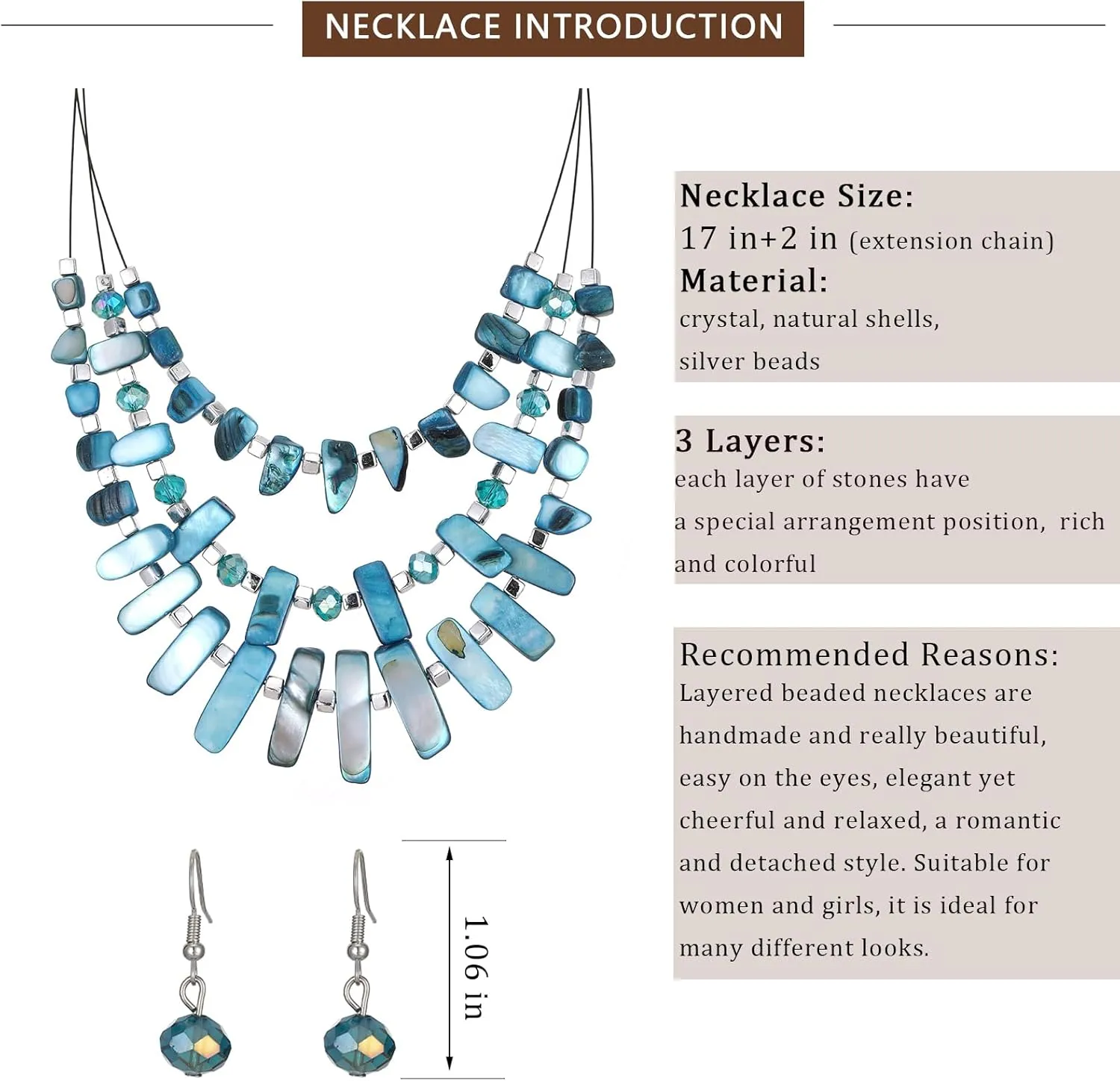 3 Layered Chunky Statement Necklace for Women Beaded Strand Necklaces with Earring Fashion Costumes Collar Necklace Jewelry Sets Gifts for Women