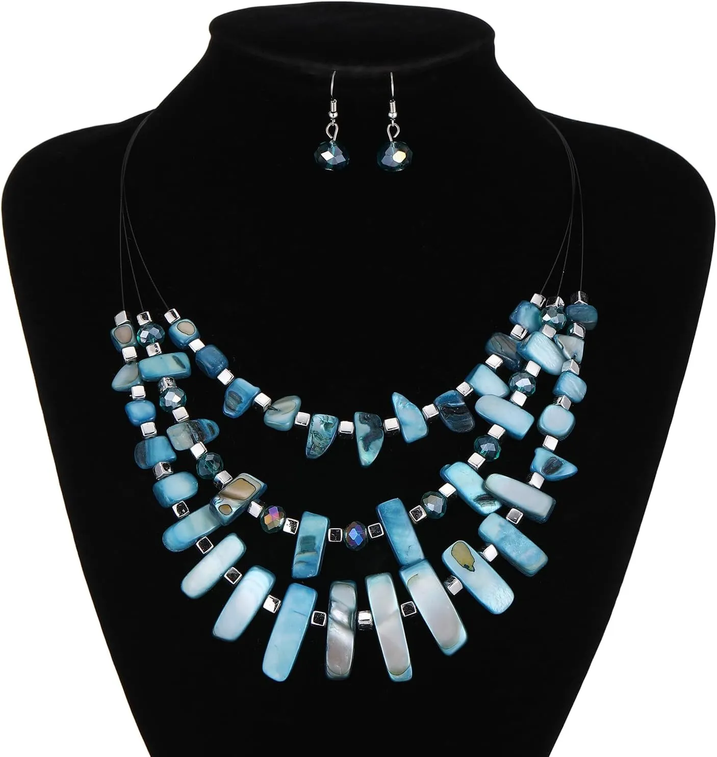 3 Layered Chunky Statement Necklace for Women Beaded Strand Necklaces with Earring Fashion Costumes Collar Necklace Jewelry Sets Gifts for Women