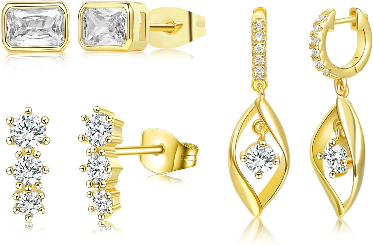 3 Pairs 14K Gold Plated Hoops Earrings Set Dainty Stud Earrings Trendy Cubic Zirconia Hypoallergenic Dangle Huggie Hoops Earrings for Women