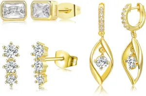 3 Pairs 14K Gold Plated Hoops Earrings Set Dainty Stud Earrings Trendy Cubic Zirconia Hypoallergenic Dangle Huggie Hoops Earrings for Women