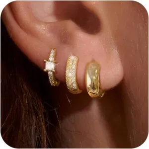 3 Pairs Chunky Gold/Silver Hoop Earrings for Women 14K Gold Plated Hoop Earrings Set Cubic Zirconia Dainty Lightweight Hypoallergenic Thick Huggie Hoops Earring Jewelry Gift for Women